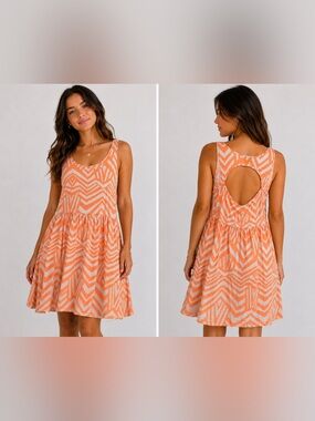 Roxy Neon Coral & White Geometric Cutout Back Sundress – Medium